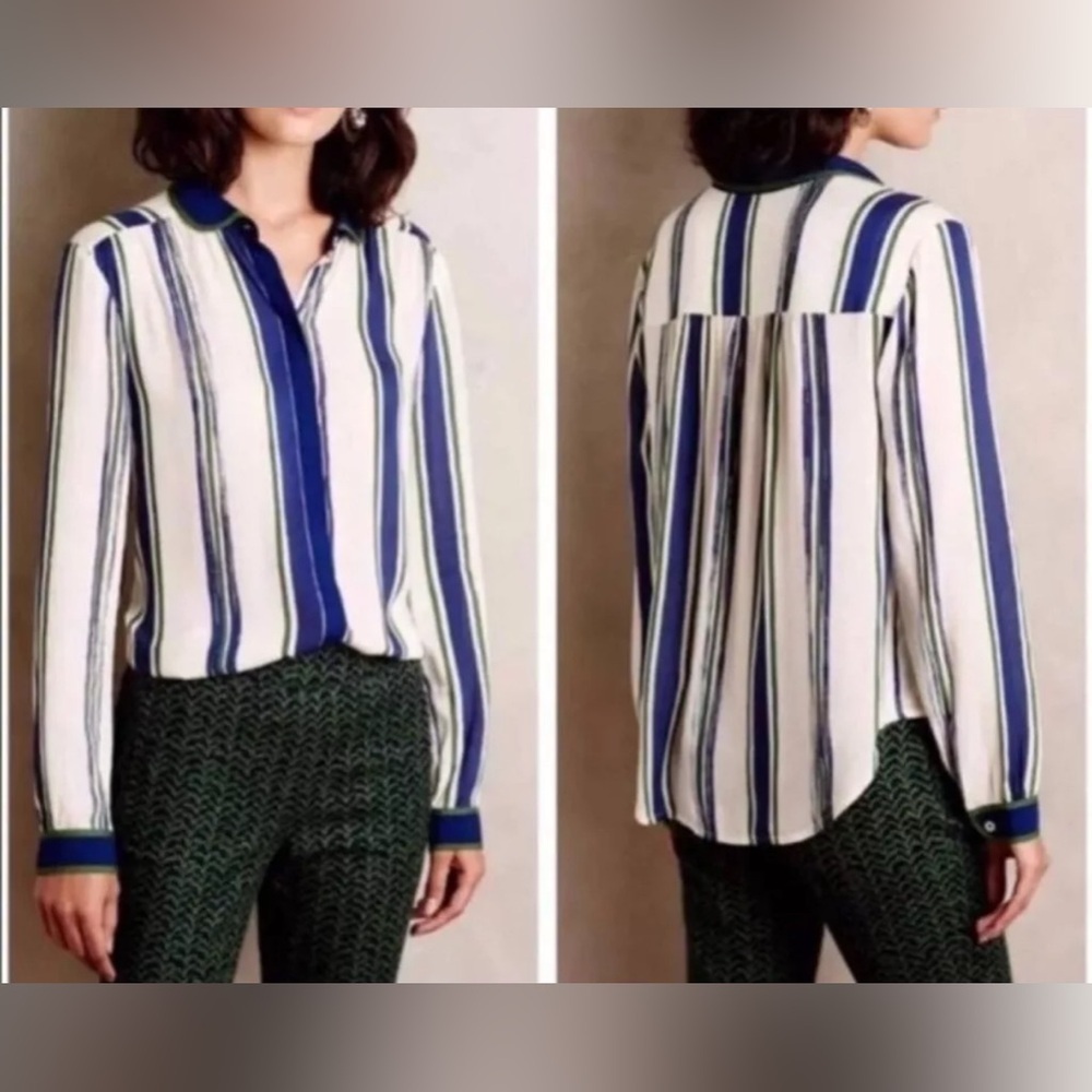 Anthropologie Maeve Green & Blue Button Front Long Sleeve Collared Blouse Size 6